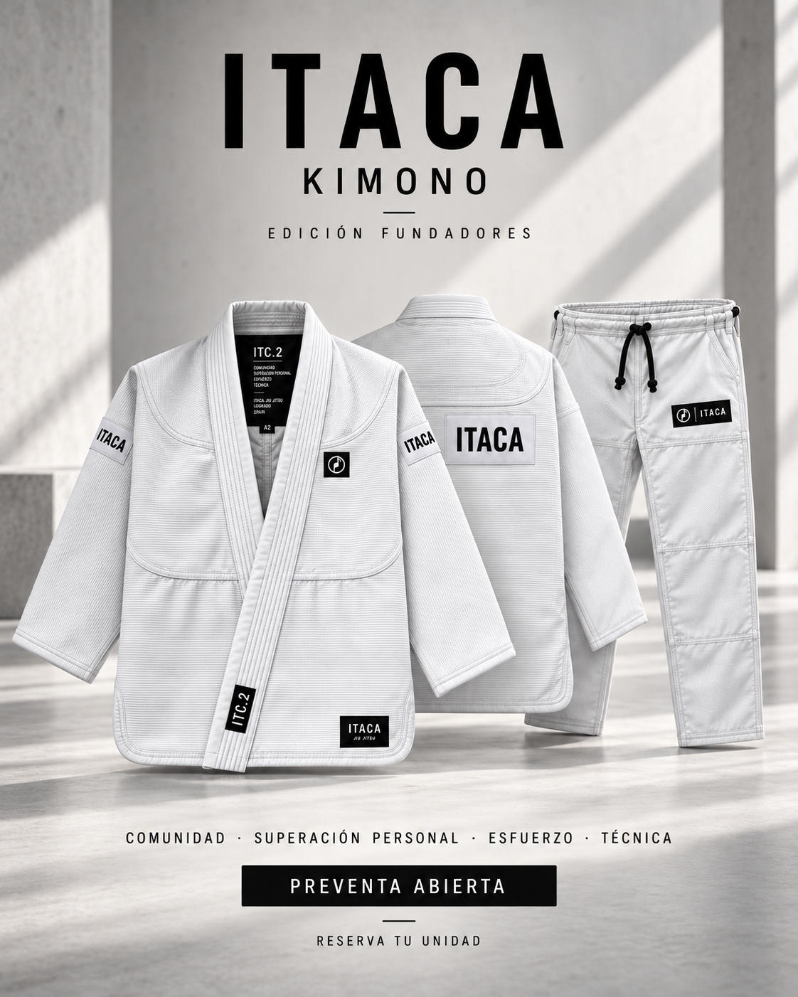 Kimono blanco Ítaca Jiu Jitsu de la Edición Fundadores, chaqueta y pantalón